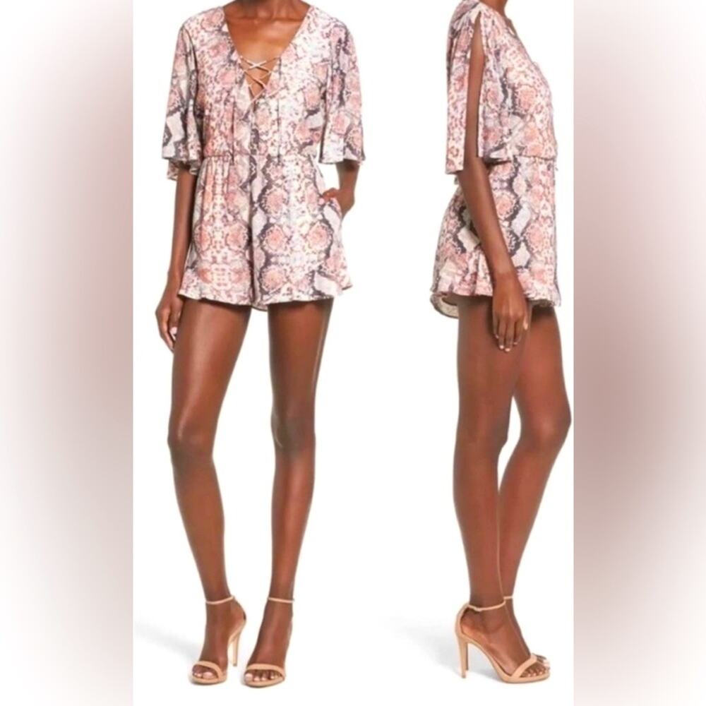 Lovers + Friends Epiphany Python White Print Lace Up Front Party Romper size S